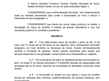 Novo Decreto aplica  novamente toque de recolher, após aumento de casos.